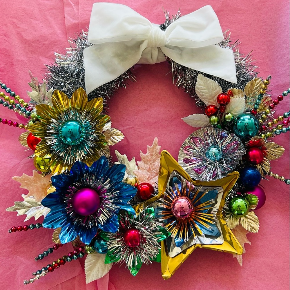 Vintage Repurposed Festive Silver Tinsel and Multicolor Holiday Wreath